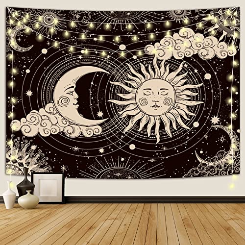Wonrizon Sun and Moon Tapestry, Aesthetic Black Dark Spiritual Tapestries Mystic Burning Sun with Clouds Star Wall Hanging decor for Bedroom (51.2" x 59.1") - Image 1