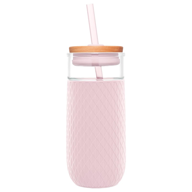 Ello Devon 18oz Glass Tumbler with Straw, Friction Fit Bamboo Wood Lid and Silicone Sleeve | Perfect for Iced Coffee, Tea, and Smoothies | Pink Satin - Image 1