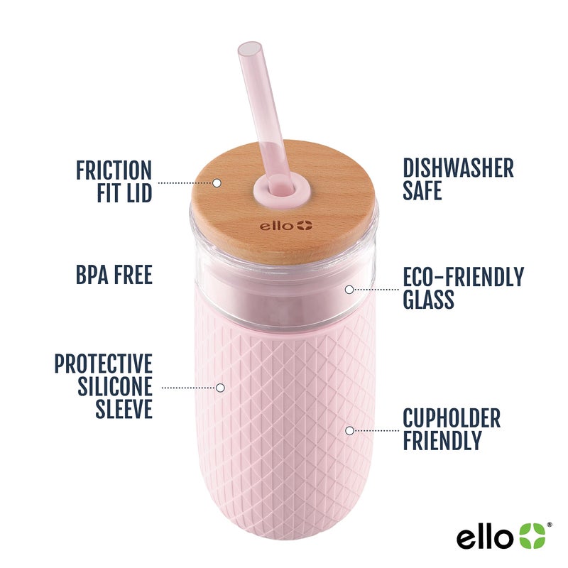 Ello Devon 18oz Glass Tumbler with Straw, Friction Fit Bamboo Wood Lid and Silicone Sleeve | Perfect for Iced Coffee, Tea, and Smoothies | Pink Satin - Image 2