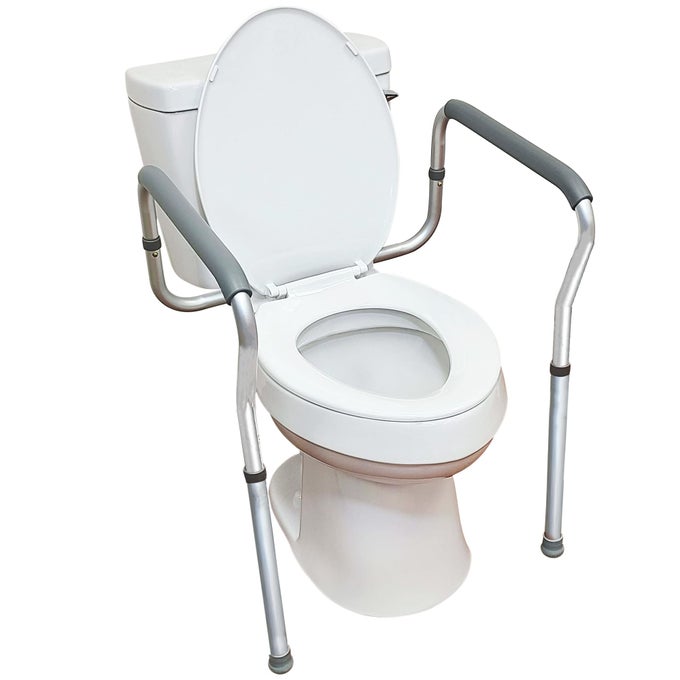 TOILET SAFETY RAILS ADJUSTABLE AND DETACHABLE TOILET SAFETY FRAME WITH HANDLES FOR ELDERLY HANDICAP OR DISABLED HEAVYDUTY NONSLIP BATHROOM GRAB BAR WITH PADDED HANDLES AND ALUMINUM FRAME