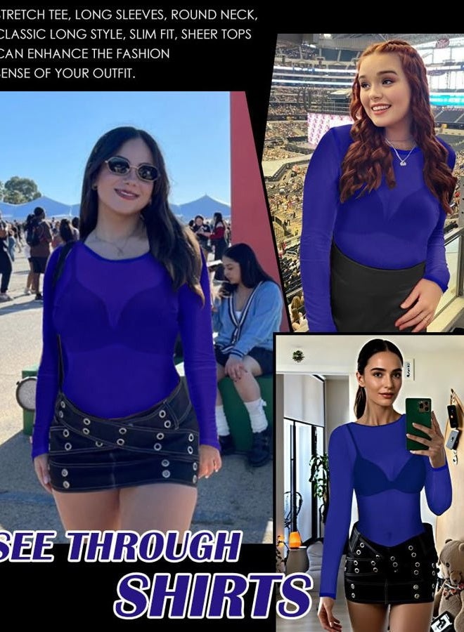 CHICGAL Women's Mesh Tops Sheer Long Sleeve Tee Shirts Bodycon See Through Blouse Clubwear, Royal Blue, L - Image 5