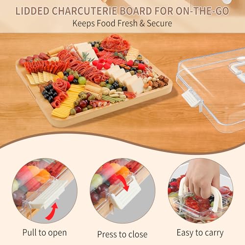 CAWIU Portable Travel Charcuterie Board with Lid and Handle - Large Bamboo Cheese Board with 4 Cheese Knife Set for Outdoor, Picnics - Weddings, House Warming Gift for Women (1 Compartment, White) - Image 3