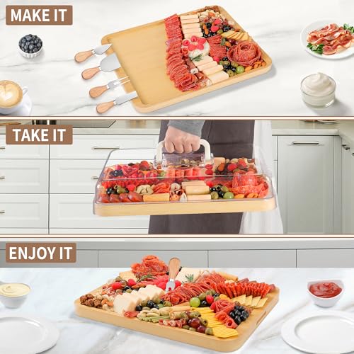 CAWIU Portable Travel Charcuterie Board with Lid and Handle - Large Bamboo Cheese Board with 4 Cheese Knife Set for Outdoor, Picnics - Weddings, House Warming Gift for Women (1 Compartment, White) - Image 2
