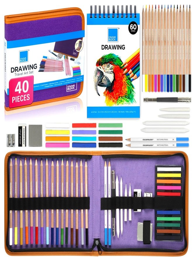 COLOUR BLOCK Drawing Travel Art Set - 60 sheets 6 x 8 Inches Drawing Pad,16 wood Colored Pencils, 12 Soft Pastels Set, 2 Sketching Pencils, and 8 Assorted Tools - Image 1