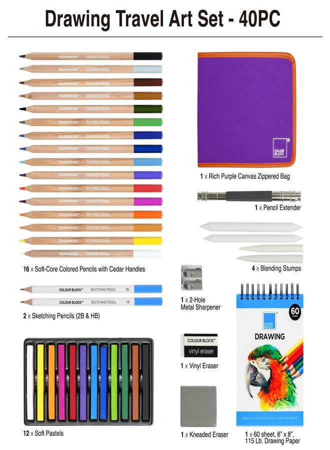 COLOUR BLOCK Drawing Travel Art Set - 60 sheets 6 x 8 Inches Drawing Pad,16 wood Colored Pencils, 12 Soft Pastels Set, 2 Sketching Pencils, and 8 Assorted Tools - Image 3