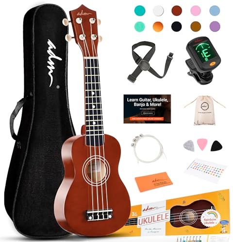 ADM Ukulele for Beginners Hawaiian Wood Ukelele Kit for Kids Adult Student Starter Professional Ukalelee Pack Bundle with Free Lessons Gig Bag Strap Nylon String Tuner Brown 21 Inch