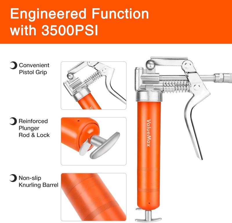ValueMax Mini Grease Gun Kit with 3 OZ Grease, 12'' Flexible Hose, and Extension Tubes - Image 2