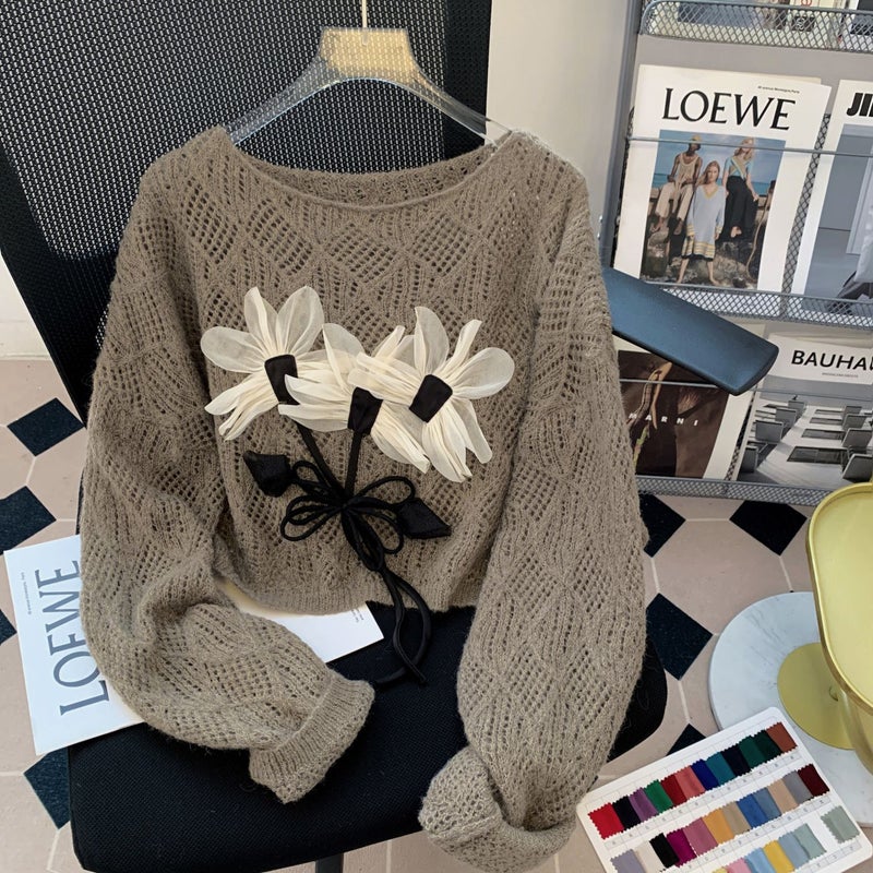 3D Floral Cutout Knit Sweater Long Sleeve Round Neck Cardigan - Image 1