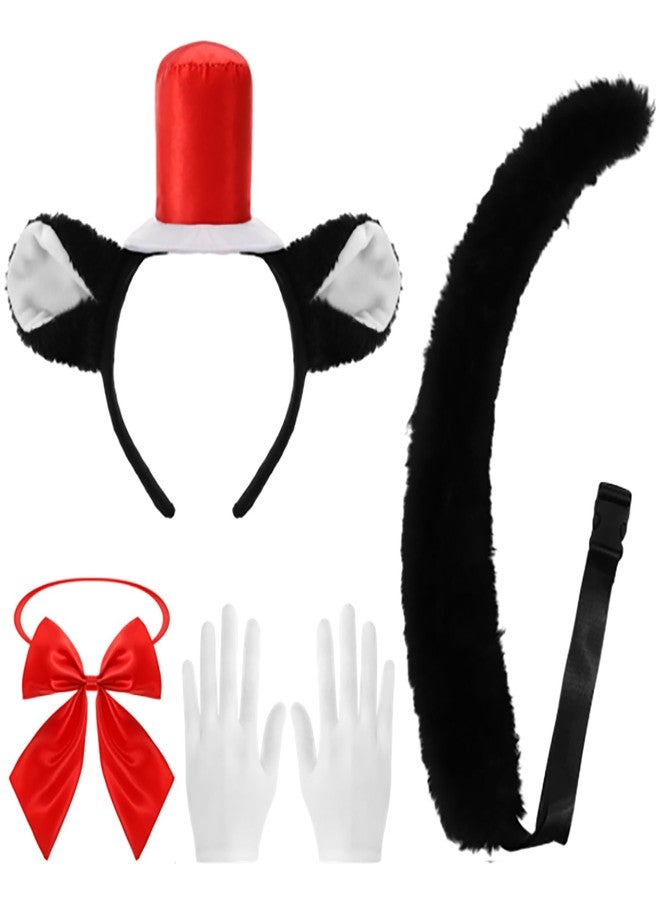 Maiteenly 4 Pcs 100th Day of School Cat Costumes Kit Cat Hat in Costume for Kids Red White Hat Accessory Kit Including Headband Gloves Bow Tie Long Tail for Cosplay - Image 1