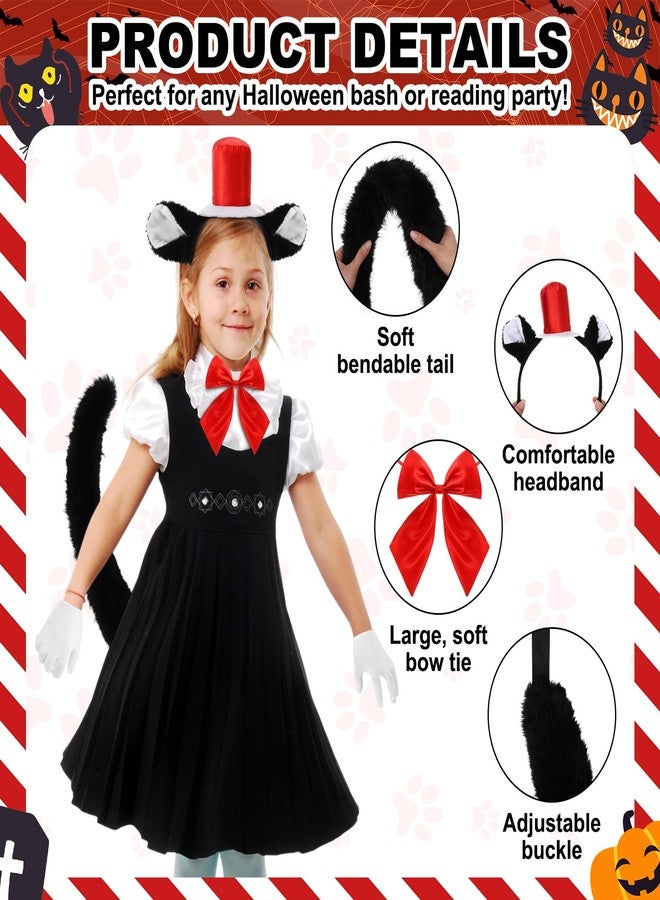 Maiteenly 4 Pcs 100th Day of School Cat Costumes Kit Cat Hat in Costume for Kids Red White Hat Accessory Kit Including Headband Gloves Bow Tie Long Tail for Cosplay - Image 3