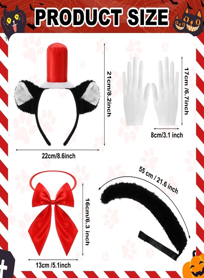 Maiteenly 4 Pcs 100th Day of School Cat Costumes Kit Cat Hat in Costume for Kids Red White Hat Accessory Kit Including Headband Gloves Bow Tie Long Tail for Cosplay - Image 2