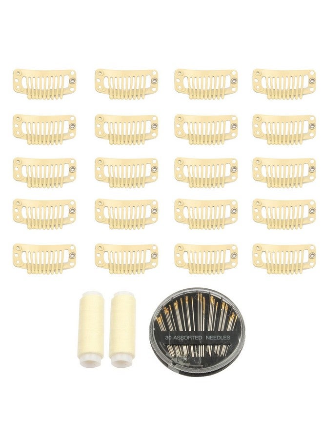 FeiHong 30Pcs 9 Teeth Stainless Steel Snap Comb Wig Clips Hair Extension Clips Wig Accessories Clip With 30 Assorted Sewing Needles And 2 Rolls Thread (Beige) - Image 1
