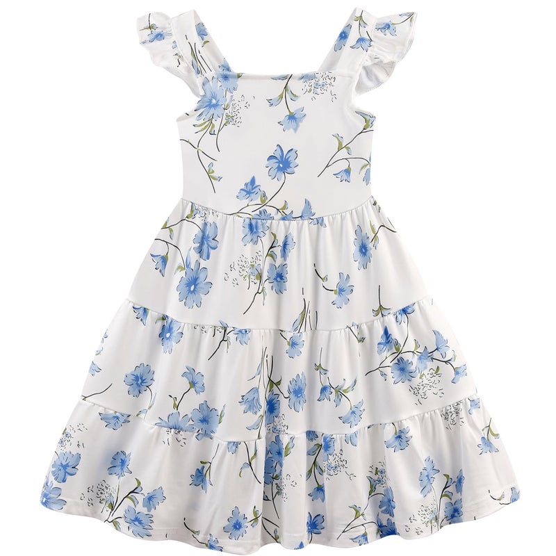 NUBEEHOHO Toddler Dress Blue Floral Girls Summer Outfits Flutter Sleeve Twirly Shirred Tiered Beach Boho Sundress Kids Smock Flower Dresses 6-7 Years/1539 - Image 1