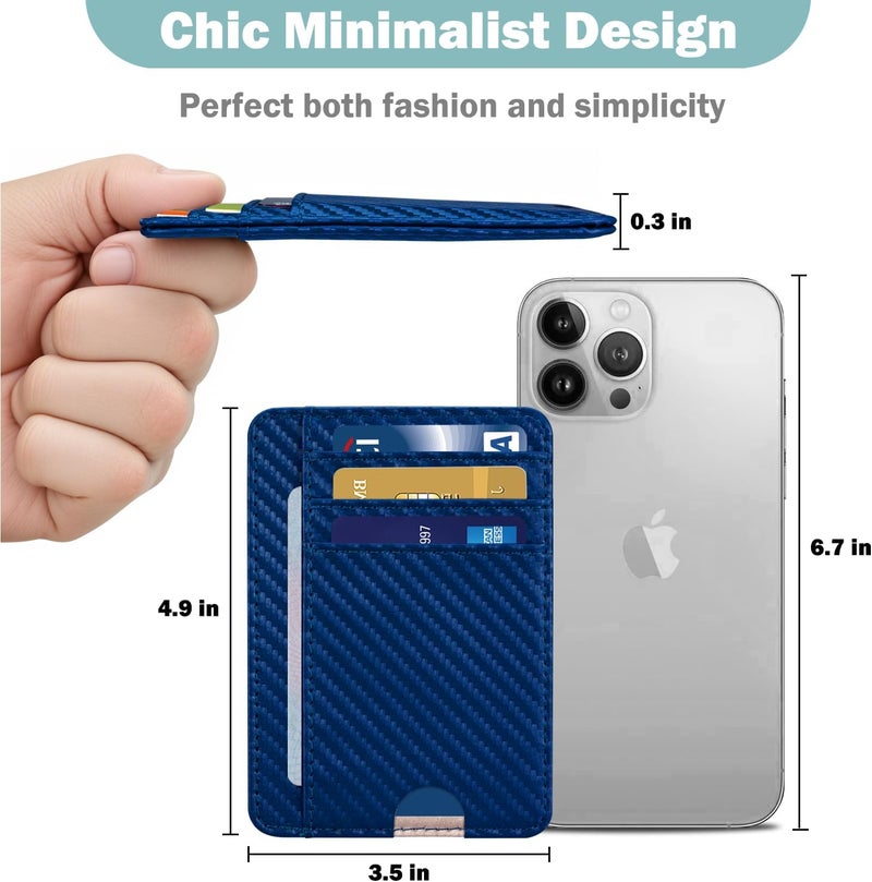 Hot Cool Slim Wallet for Men, Minimalist Front Pocket Simple Leather Credit Card Holder RFID Blocking for Men & Women, Thin Organizer Gifts, Carbon Fiber - Blue - Image 3