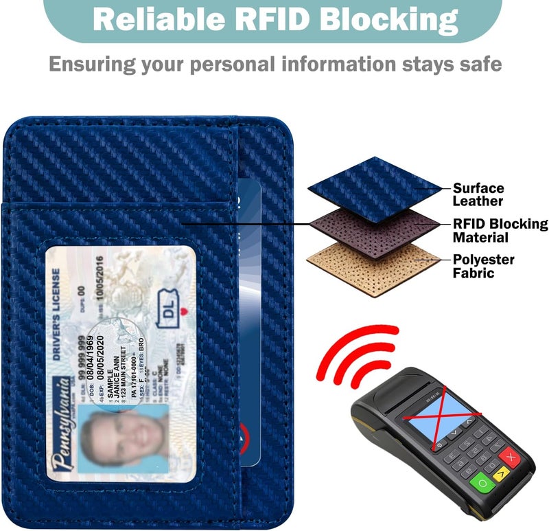 Hot Cool Slim Wallet for Men, Minimalist Front Pocket Simple Leather Credit Card Holder RFID Blocking for Men & Women, Thin Organizer Gifts, Carbon Fiber - Blue - Image 4