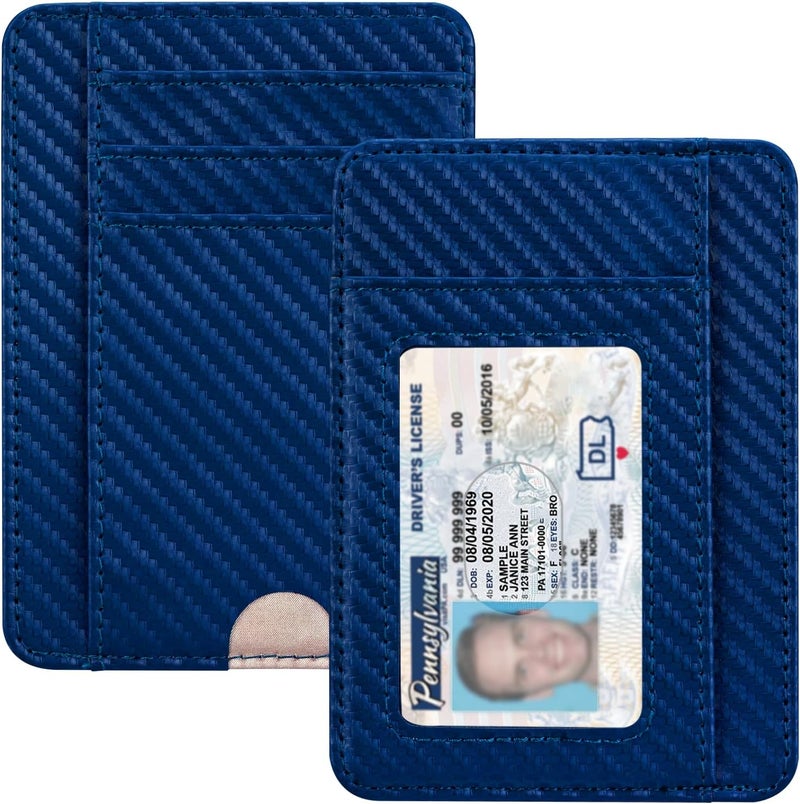 Hot Cool Slim Wallet for Men, Minimalist Front Pocket Simple Leather Credit Card Holder RFID Blocking for Men & Women, Thin Organizer Gifts, Carbon Fiber - Blue - Image 1