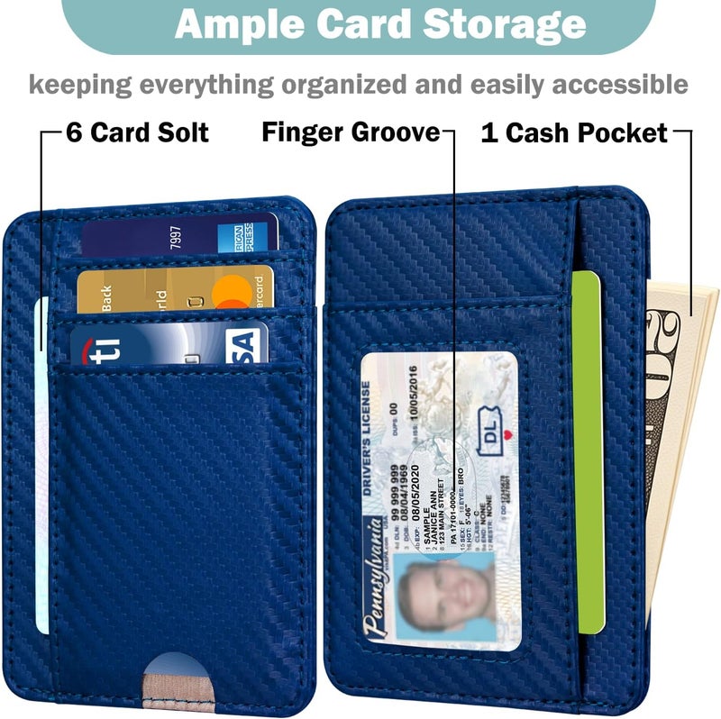 Hot Cool Slim Wallet for Men, Minimalist Front Pocket Simple Leather Credit Card Holder RFID Blocking for Men & Women, Thin Organizer Gifts, Carbon Fiber - Blue - Image 2