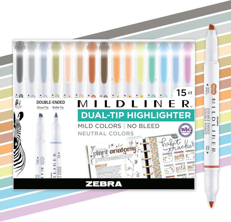 Zebra Pen Mildliner Dual-Tip Highlighter Set, Broad and Fine Point Tips, No Bleed, Ideal for Bible Highlighting, Giftable Art Supplies and Teacher Gifts, Neutral Vintage Ink Colors, 15-Pack (78315) - Image 1