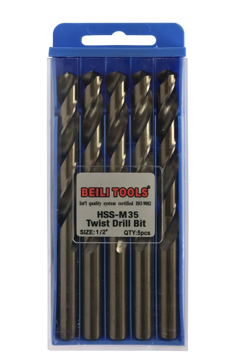 BEILI TOOLS HSS M35 Cobalt Twist Drill Bits Pack of 5 127mm 12