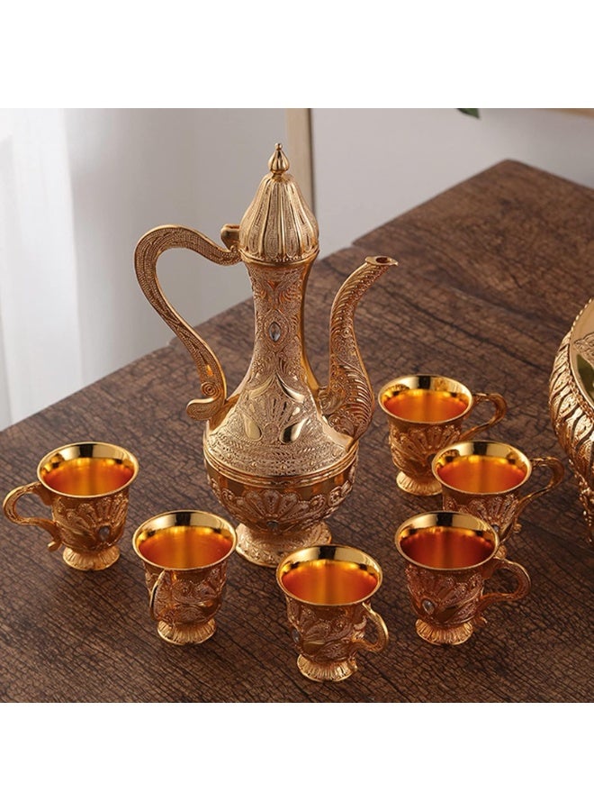 Coffee Cup and Tea Pot Set Including Teapot,Tea Tray,6 Metal Cups,Tea Service Set for Tea Table Decor,Hip Flask,Gift (Color : Gold)  - Image 5