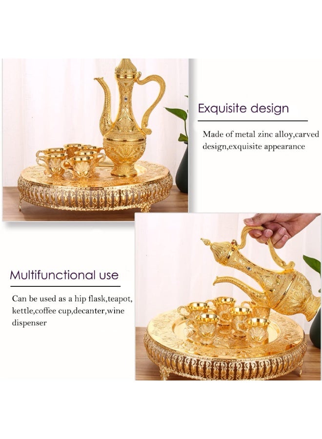 Coffee Cup and Tea Pot Set Including Teapot,Tea Tray,6 Metal Cups,Tea Service Set for Tea Table Decor,Hip Flask,Gift (Color : Gold)  - Image 2