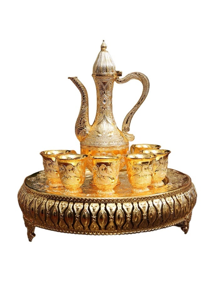 Coffee Cup and Tea Pot Set Including Teapot,Tea Tray,6 Metal Cups,Tea Service Set for Tea Table Decor,Hip Flask,Gift (Color : Gold)  - Image 1