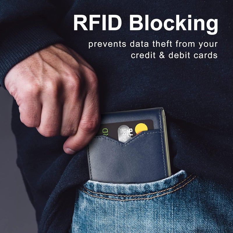 GSOIAX محفظة الرقيقة للرجال، مزودة بحماية ضد تقنية RFID، تصميم مزدوج الأجزاء، مصنوعة من جلد أصلي وألياف كربونية، تحتوي على حامل لبطاقات الائتمان، باللون الأزرق الداكن والبيج، رفيعة الوزن، مع صندوق هدايا. - Image 5