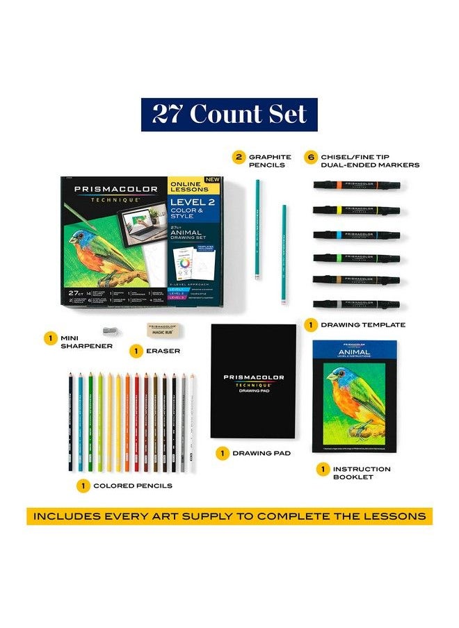 Prismacolor مجموعة أدوات فنية ودروس فنية رقمية ورسومات حيوانات المستوى 2 كيفية رسم الحيوانات باستخدام أقلام ملونة وأقلام تحديد ذات طرفين والمزيد درس رسم الطيور 27 قطعة  - Image 5