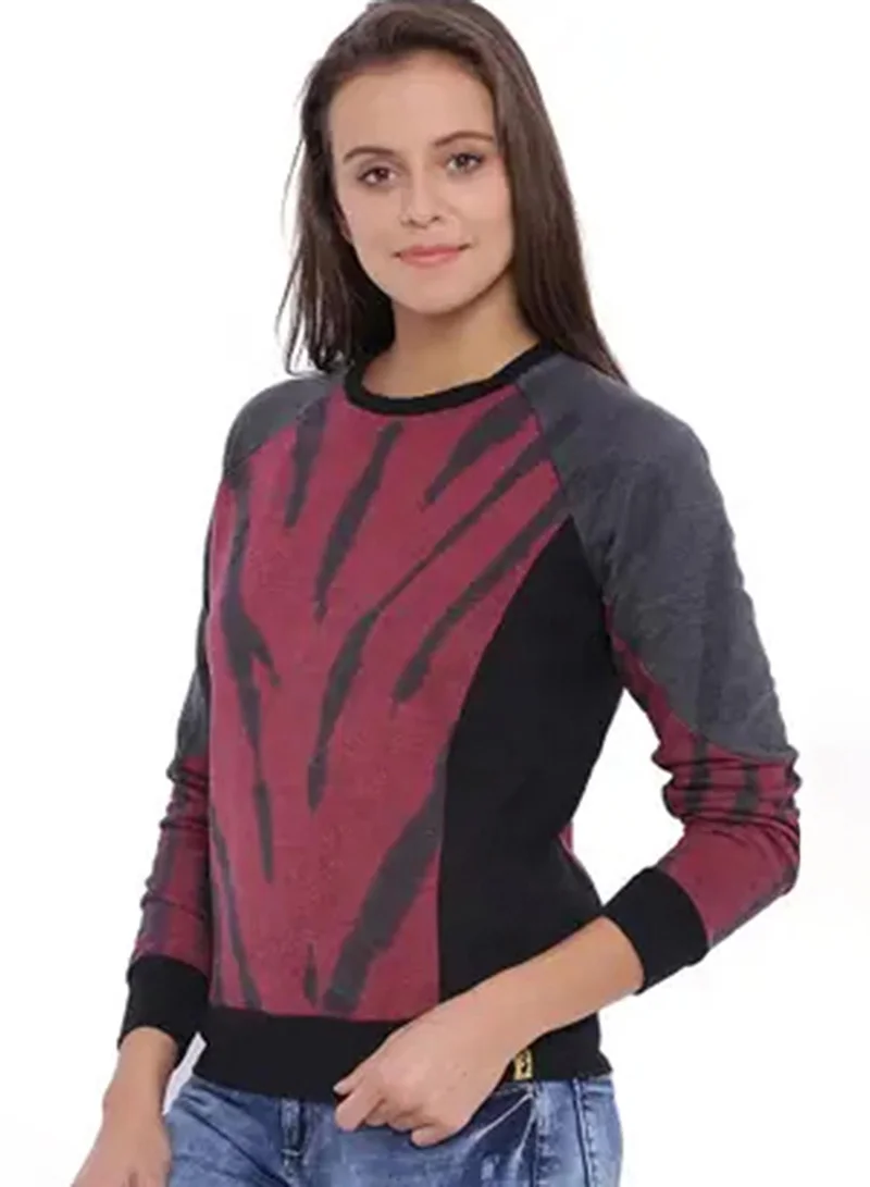 Campus Sutra Women's Maroon Red & Charcoal Grey Dye-Block Pullover Sweatshirt