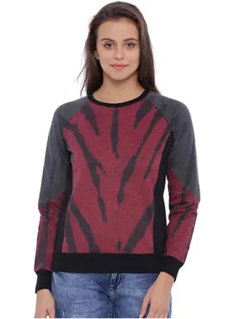 Campus Sutra Women's Maroon Red & Charcoal Grey Dye-Block Pullover Sweatshirt