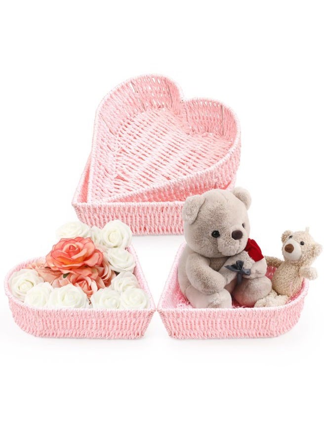 Layhit 4 Pcs Heart Baskets Woven Basket Pink Serving Platters Serving Trays Fruit Vegetables Bread Basket Heart Table Decorations Gift for Wedding Bridal Shower Birthday Baby Shower Slumber Sleepover Party - Image 1