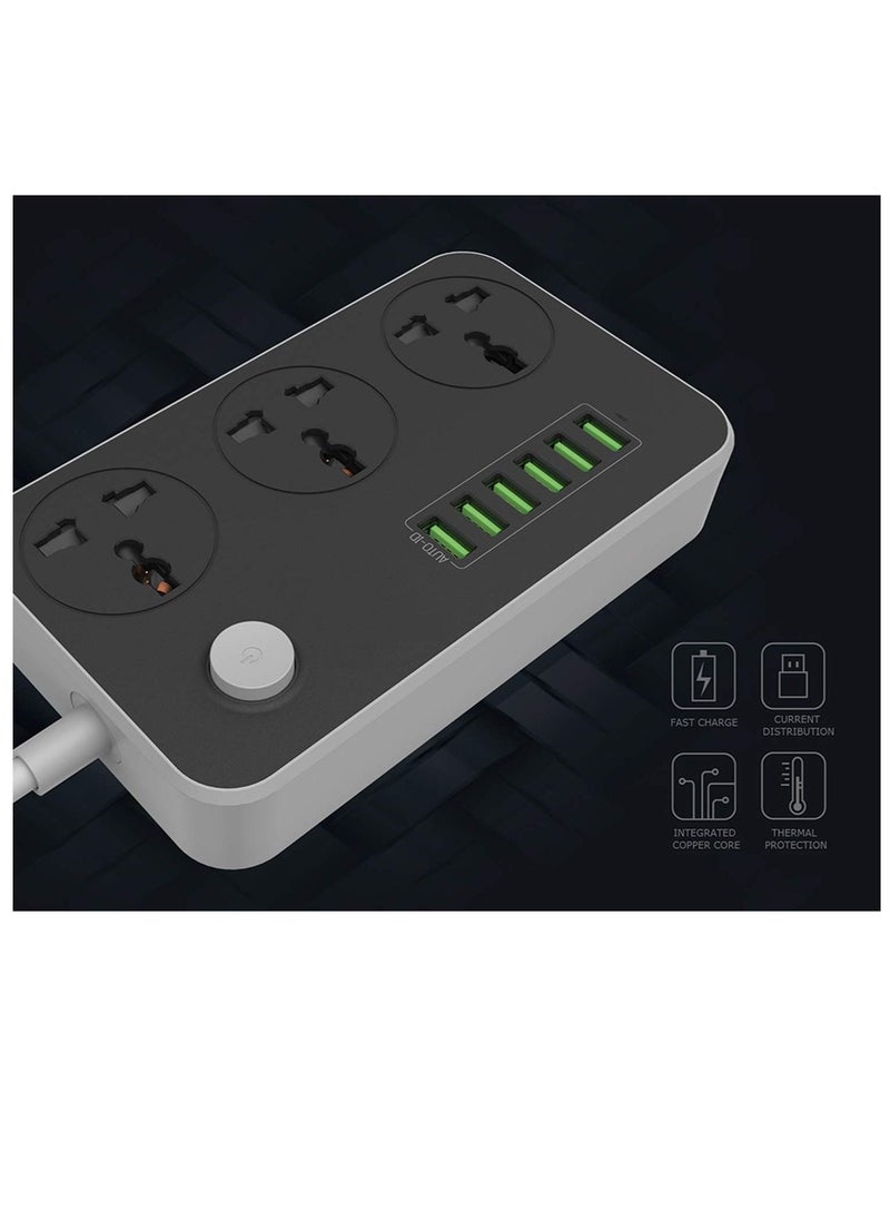 ELTRAZONE Universal Power Strips 3 Way Outlets 6 USB Plug Ports Surge Protection Power Socket Switch Portable Charger Fast Charging with 2M Wall Plug Adapter Extension Cord with Fuse and Shutter Extension Lead  - Image 4
