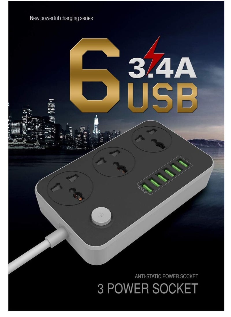 ELTRAZONE Universal Power Strips 3 Way Outlets 6 USB Plug Ports Surge Protection Power Socket Switch Portable Charger Fast Charging with 2M Wall Plug Adapter Extension Cord with Fuse and Shutter Extension Lead  - Image 3
