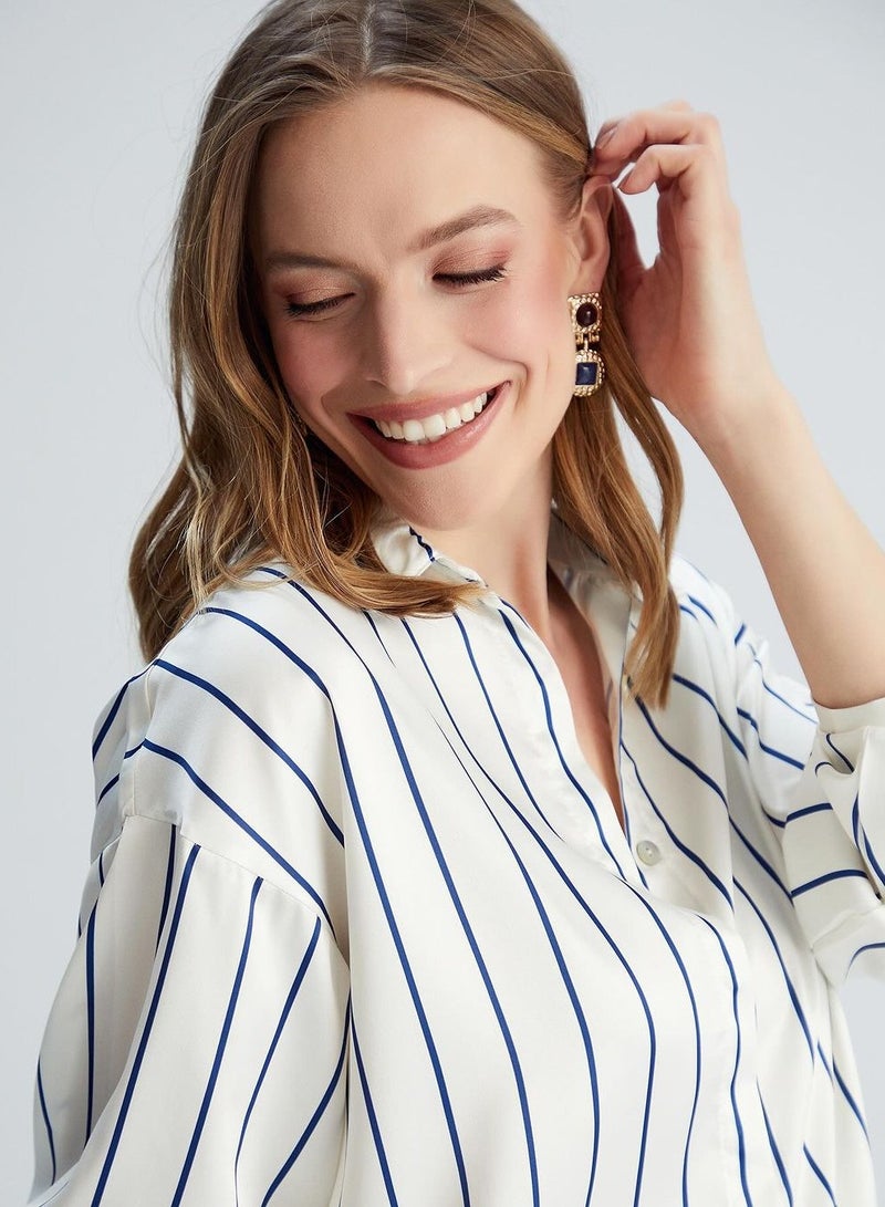 جوي قميص مقلم واسع من الستان - Image 4