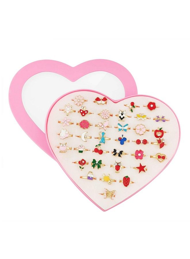 SUNMALL 36 Pcs Little Girl Adjustable Rings In Box No Duplication Children Kids Jewelry Rings Set With Heart Shape Display Case Girl Pretend Play And Dress Up Rings For Kids (A)  - Image 2