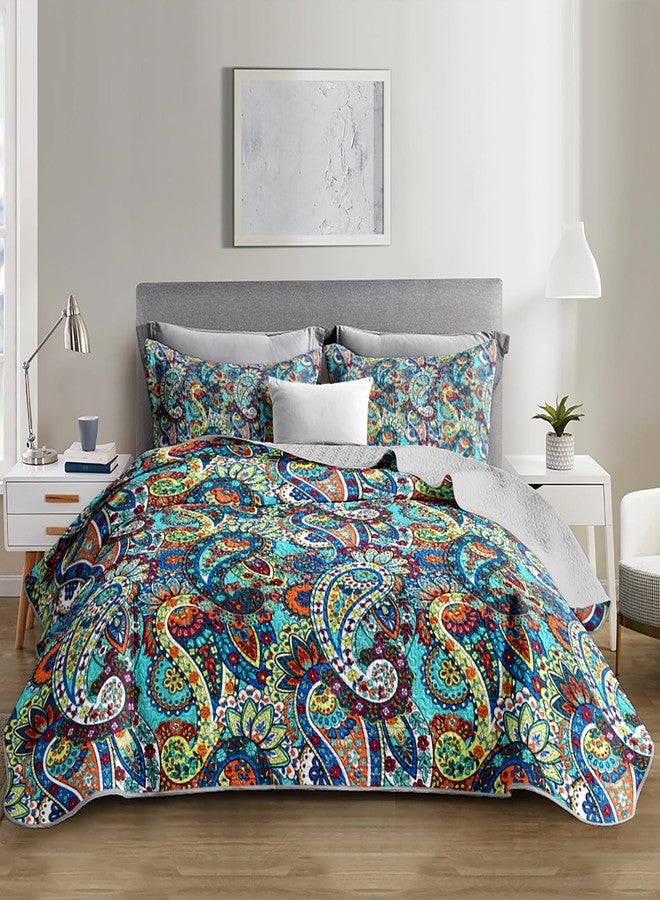UEVBF Boho Style Queen Quilt Set,Bohemian Floral Quilt Beddding Set for Adults,Soft and Lightweight Bed Set for All Season,Colorful Quilted Beddding with 2 Pillowcases. - Image 1