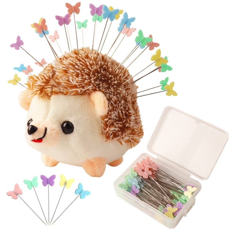CICITOYWO CICILIAYA Hedgehog Shape Pin Cushion, Cute Pincushions Sewing Kit Lovely Needle Cushions Pins Holder Sewing Accessories Supplies with 100Pcs Colored Butterfly Pins for Quilting DIY Crafts Patchwork - Image 1