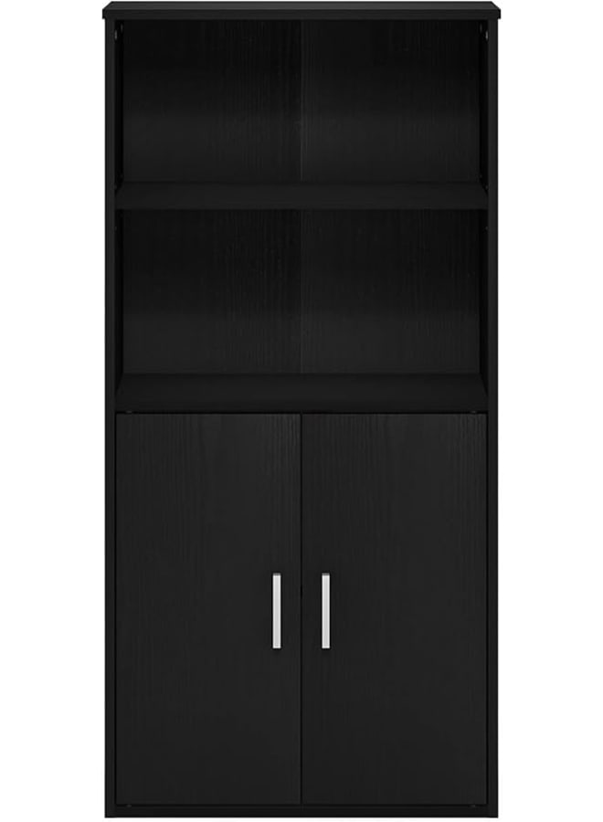 MODERN HOME Storage Bookcase with 2 Doors in Black, Manufactured Wood Cabinet with 2 Open Shelves, Freestanding Organizer for Living Room or Office, Combination Display and Concealed Unit - Image 5