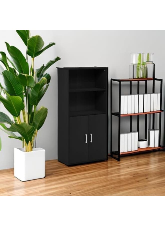 MODERN HOME Storage Bookcase with 2 Doors in Black, Manufactured Wood Cabinet with 2 Open Shelves, Freestanding Organizer for Living Room or Office, Combination Display and Concealed Unit - Image 1