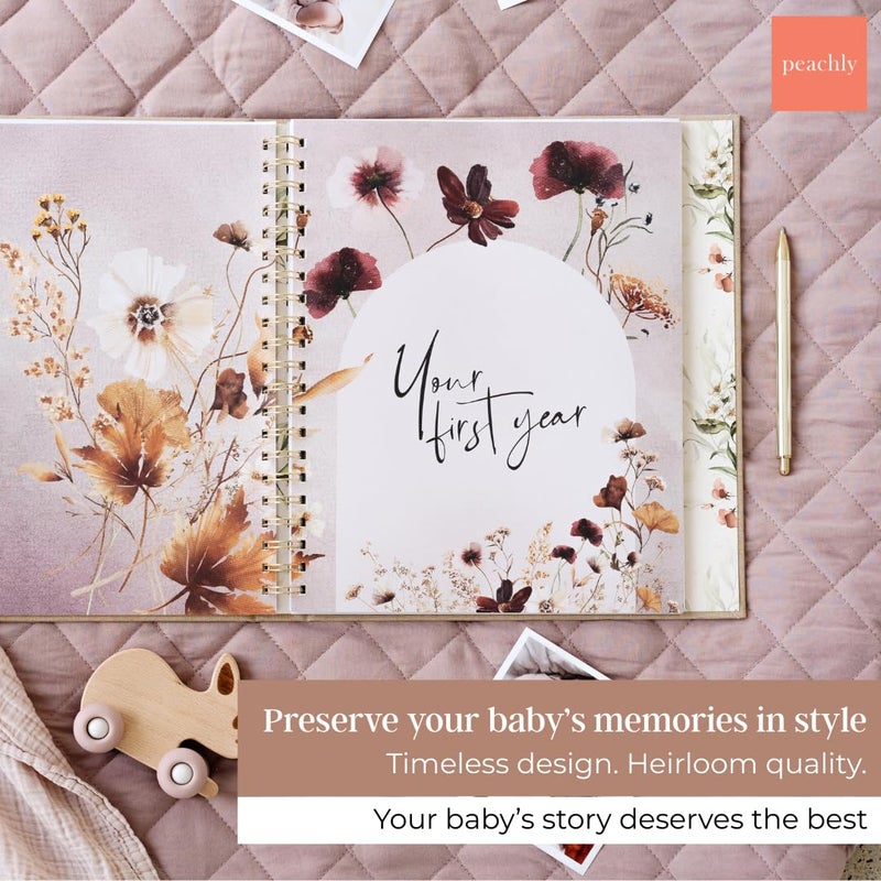 Peachly Baby Book for Girl | Minimalist Baby Memory Book | First Year Baby Book Keepsake for Milestones and Memories | Simple Baby Scrapbook Linen Cover - Fleur - Image 3