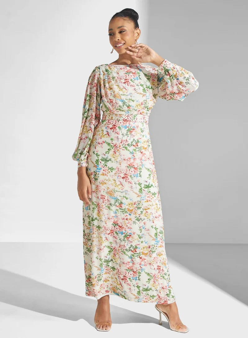 Golden Apple Floral Print Puff Sleeve Belted Dress