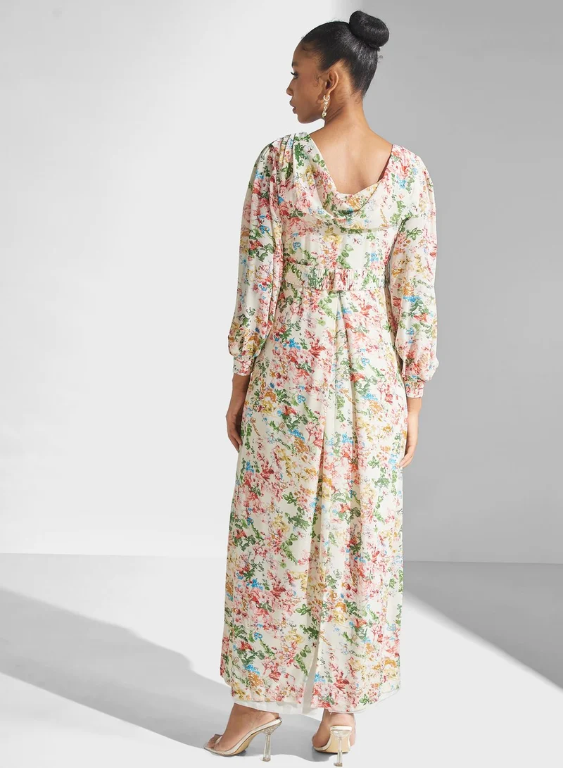 Golden Apple Floral Print Puff Sleeve Belted Dress