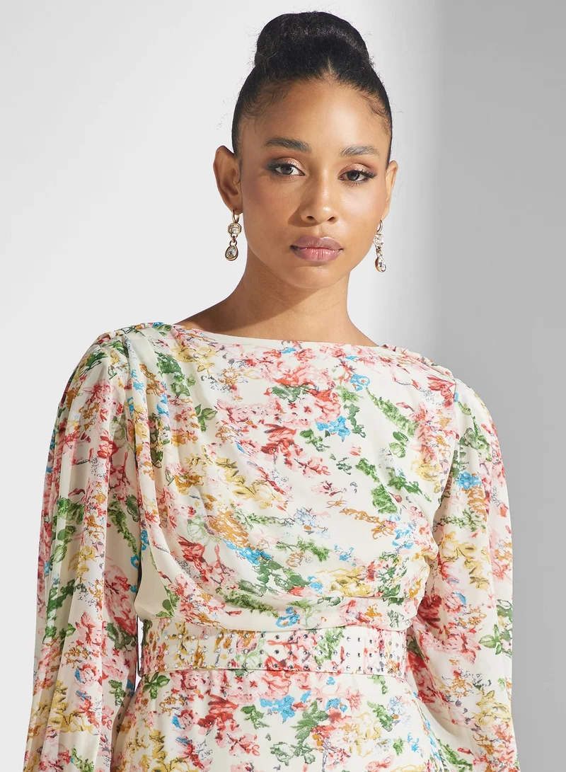 Golden Apple Floral Print Puff Sleeve Belted Dress