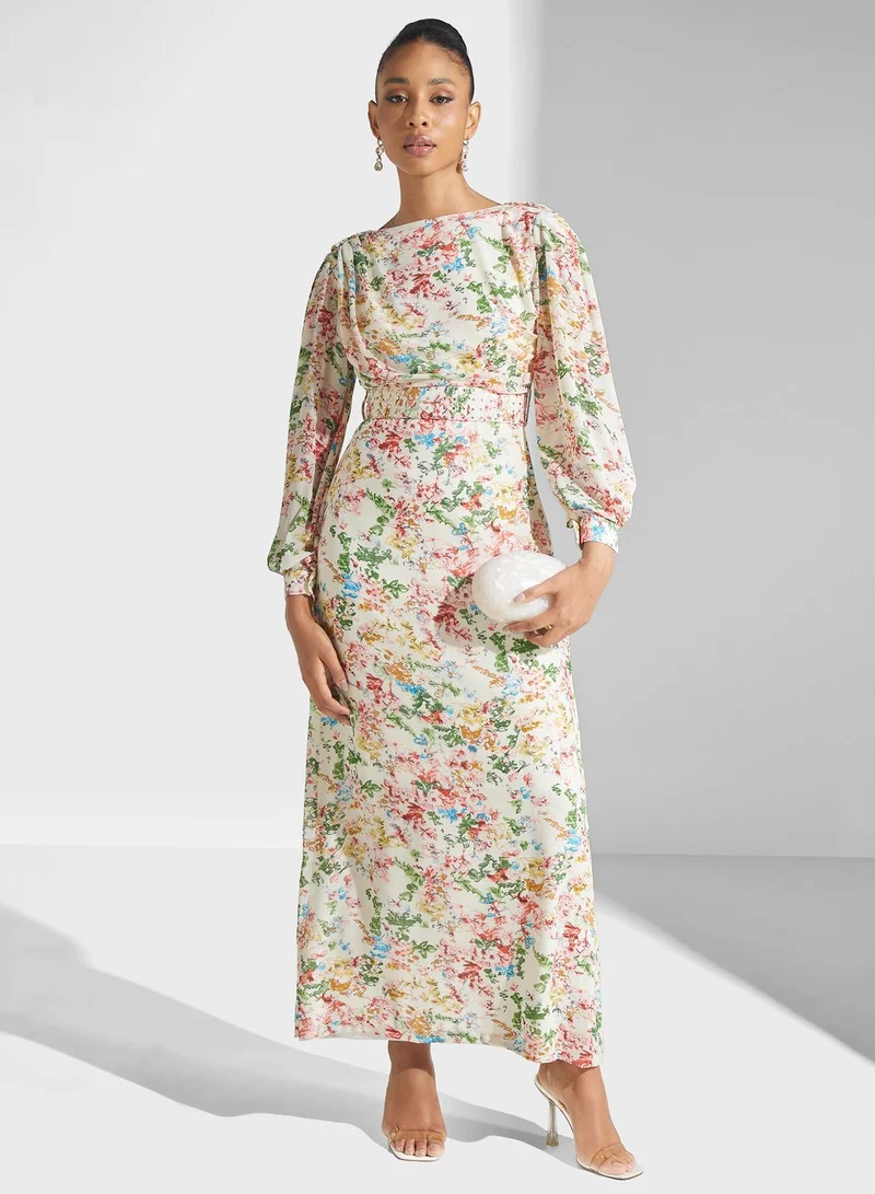 Golden Apple Floral Print Puff Sleeve Belted Dress