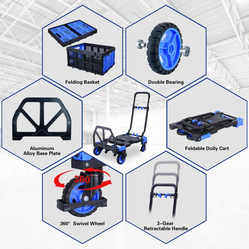 YANGTZE 2 in 1 Hand Truck Dolly Foldable with Basket,Hand Truck Foldable with Retractable Handle,330LBS Capacity Folding Hand Cart,Portable Dolly Cart with Wheels for Moving - Image 4