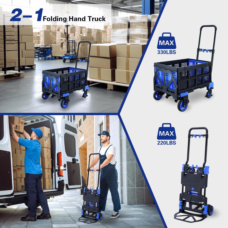 YANGTZE 2 in 1 Hand Truck Dolly Foldable with Basket,Hand Truck Foldable with Retractable Handle,330LBS Capacity Folding Hand Cart,Portable Dolly Cart with Wheels for Moving - Image 3
