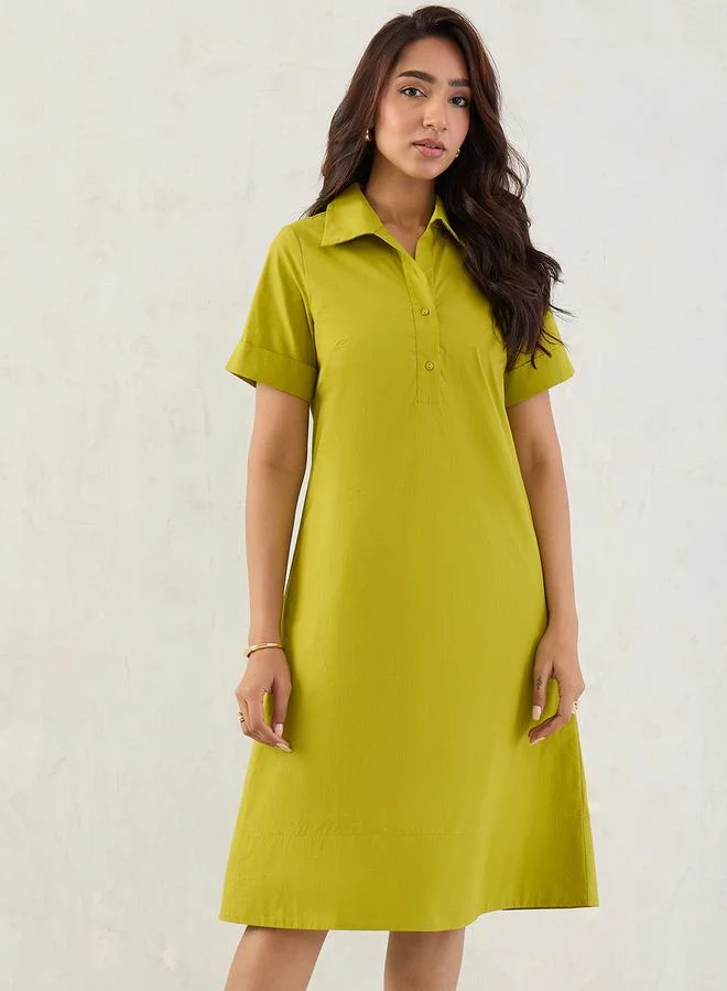 Femmella Femmella Green Solid Poplin Collared A-Line Midi Dress