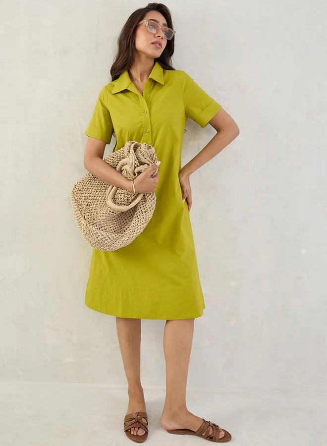 Femmella Green Solid Poplin Collared A-Line Midi Dress