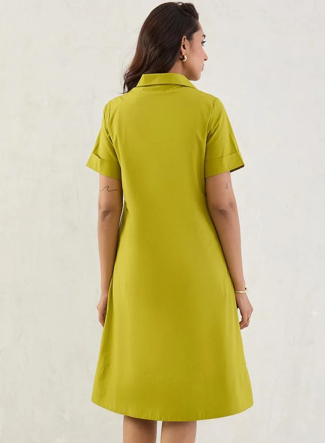 Femmella Femmella Green Solid Poplin Collared A-Line Midi Dress