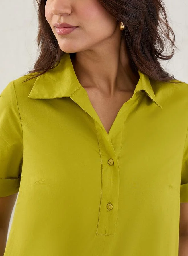 Femmella Green Solid Poplin Collared A-Line Midi Dress